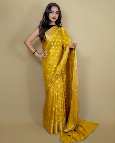 Indiehaat | Banarasi Georgette Silk Saree Yellow