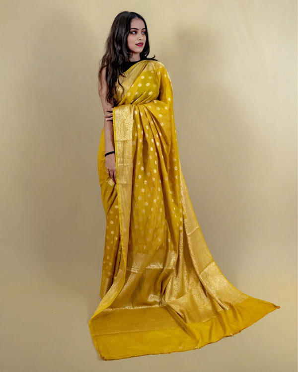 Indiehaat | Banarasi Georgette Silk Saree Yellow