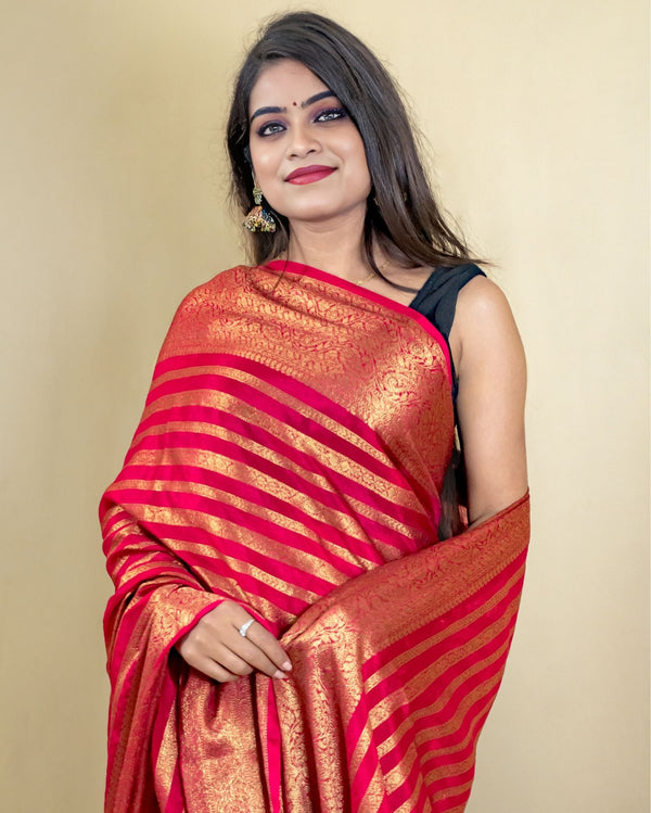 Indiehaat | Banarasi Georgette Silk Saree Red