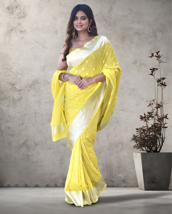 Indiehaat | Banarasi Georgette Silk Saree Yellow