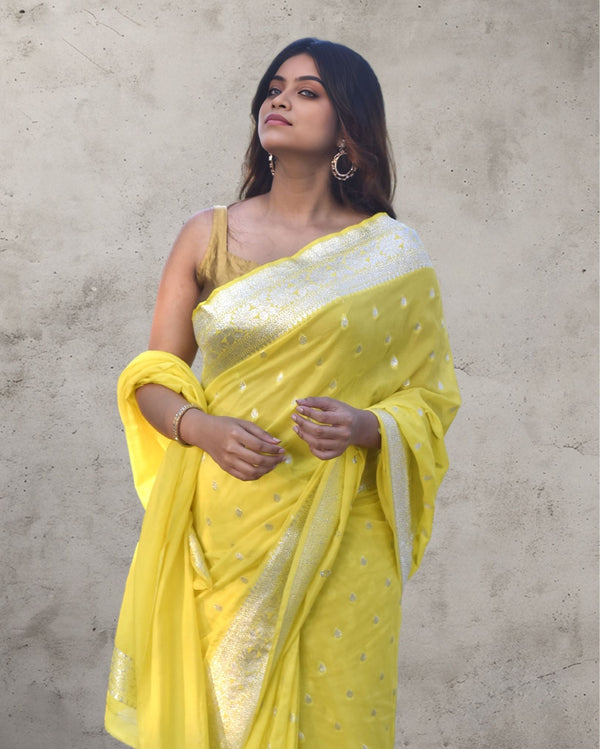 Indiehaat | Banarasi Georgette Silk Saree Yellow