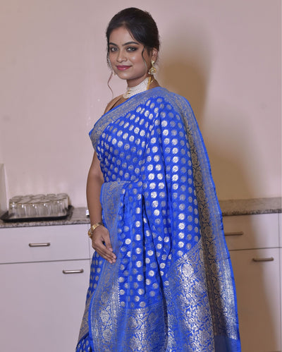 Indiehaat | Banarasi Georgette Silk Saree Blue