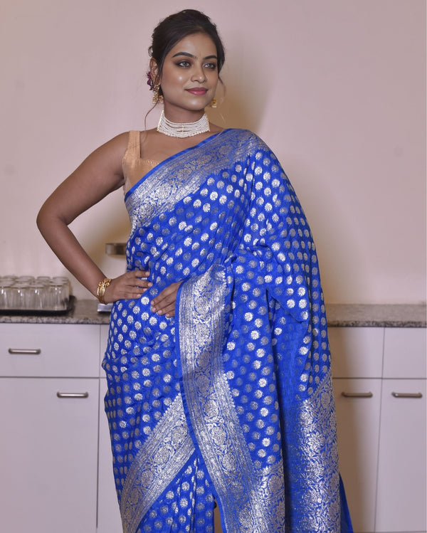 Indiehaat | Banarasi Georgette Silk Saree Blue