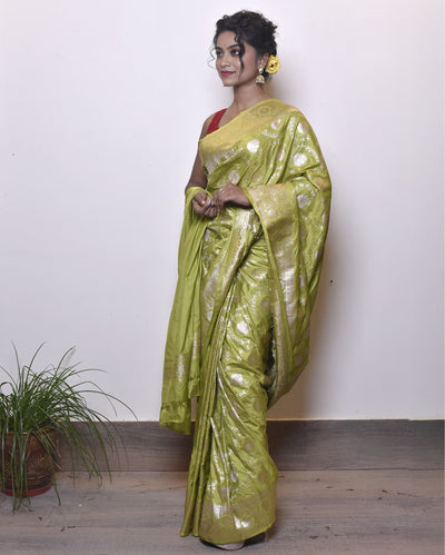 Indiehaat | Banarasi Masharoo Silk Saree Green
