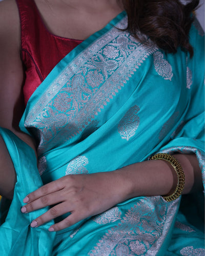 Indiehaat | Banarasi Masharoo Silk Saree Blue