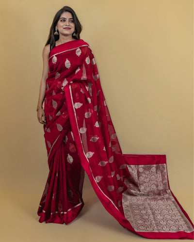 Indiehaat | Banarasi Brocade Organza Silk Saree Red