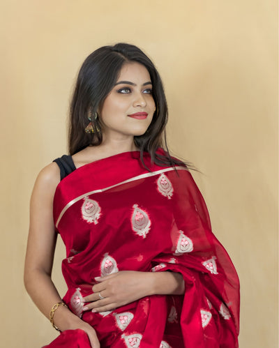 Indiehaat | Banarasi Brocade Organza Silk Saree Red