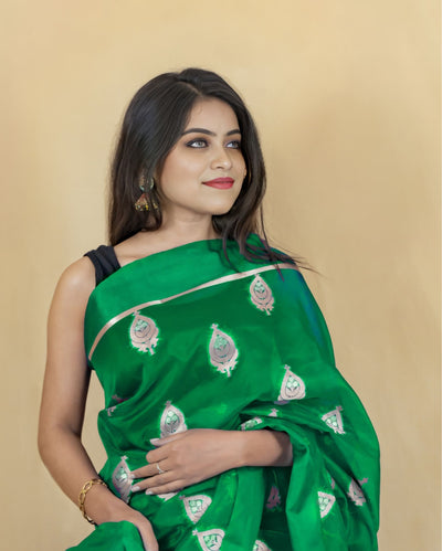 Indiehaat | Banarasi Brocade Organza Silk Saree Green