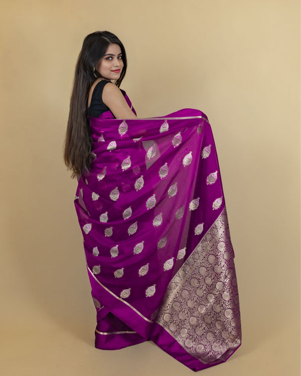 Indiehaat | Banarasi Brocade Organza Silk Saree Pink