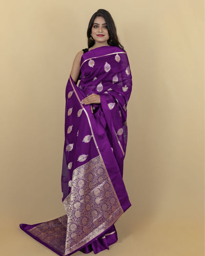 Indiehaat | Banarasi Brocade Organza Silk Saree Purple