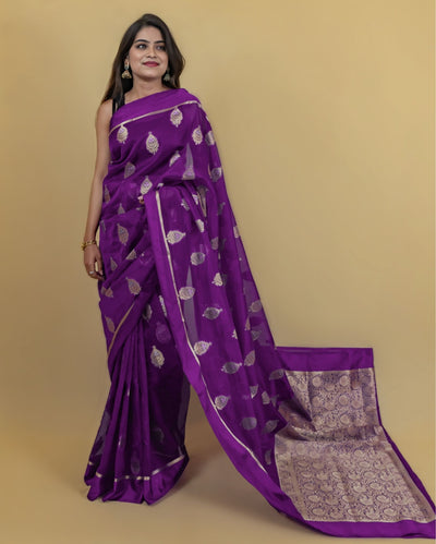 Indiehaat | Banarasi Brocade Organza Silk Saree Purple
