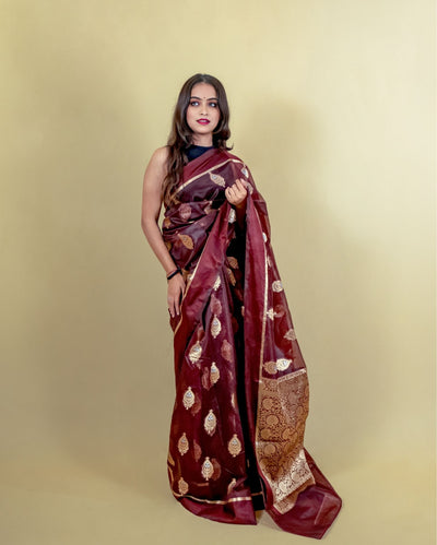 Indiehaat | Banarasi Brocade Organza Silk Saree Brown
