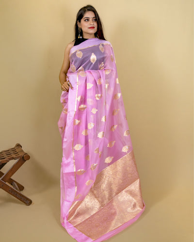 Indiehaat | Banarasi Brocade Organza Silk Saree Pink