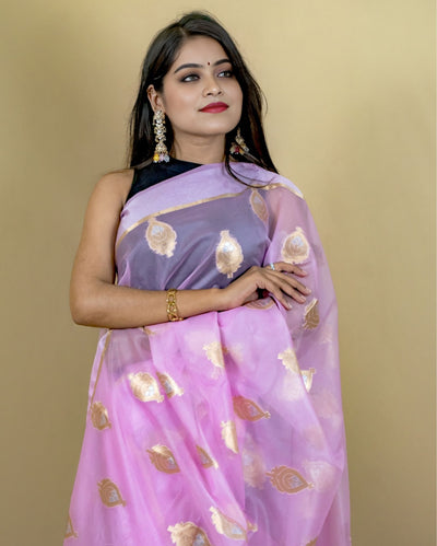Indiehaat | Banarasi Brocade Organza Silk Saree Pink