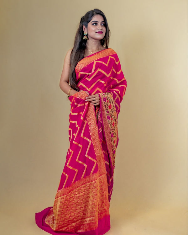 Indiehaat | Banarasi Brocade Organza Silk Saree Pink