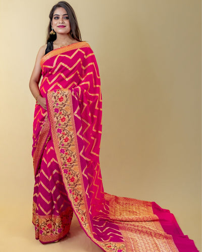 Indiehaat | Banarasi Brocade Organza Silk Saree Pink