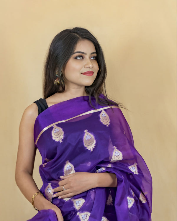 Indiehaat | Banarasi Brocade Organza Silk Saree Purple
