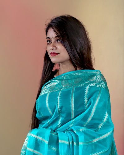 Indiehaat | Banarasi Brocade Organza Silk Saree Blue