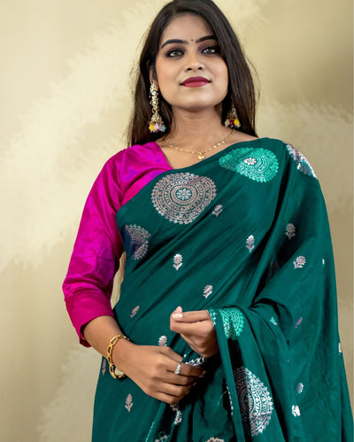 Indiehaat | Banarasi Brocade Raw Mango Silk Saree Green