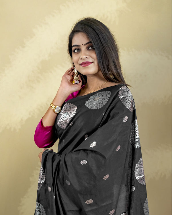 Indiehaat | Banarasi Brocade Raw Mango Silk Saree Black