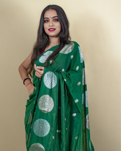 Indiehaat | Banarasi Brocade Raw Mango Silk Saree Green