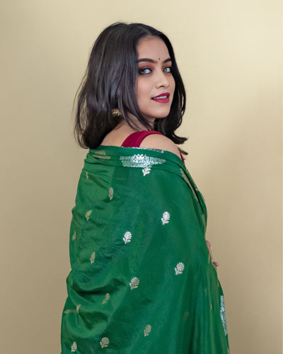 Indiehaat | Banarasi Brocade Raw Mango Silk Saree Green