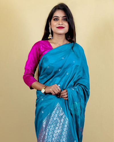 Indiehaat | Banarasi Brocade Raw Mango Silk Saree Blue