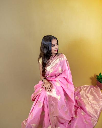 Indiehaat | Zari Banarasi Tissue Semi Silk Saree Pink