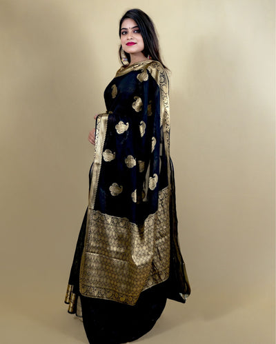 Indiehaat | Zari Banarasi Tissue Semi Silk Saree Black