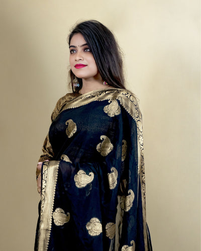 Indiehaat | Zari Banarasi Tissue Semi Silk Saree Black