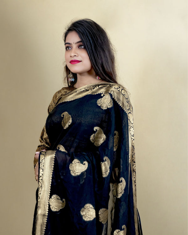 Indiehaat | Zari Banarasi Tissue Semi Silk Saree Black