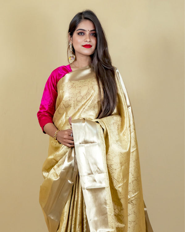 Indiehaat | Zari Banarasi Tissue Semi Silk Saree Gold