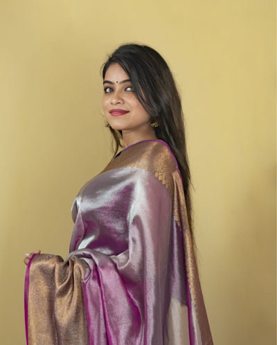 Indiehaat | Zari Banarasi Tissue Semi Silk Saree Purple