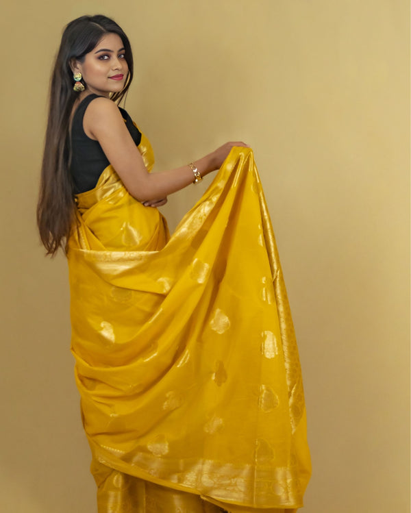 Indiehaat | Zari Banarasi Tissue Semi Silk Saree Yellow