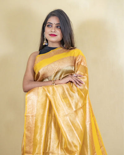 Indiehaat | Zari Banarasi Tissue Semi Silk Saree Yellow