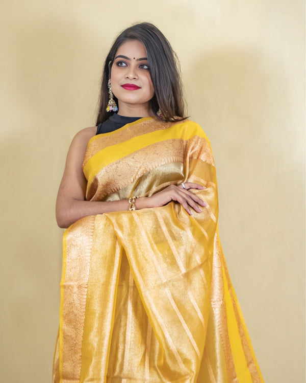 Indiehaat | Zari Banarasi Tissue Semi Silk Saree Yellow