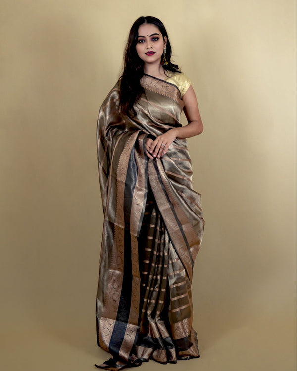 Indiehaat | Zari Banarasi Tissue Semi Silk Saree Black