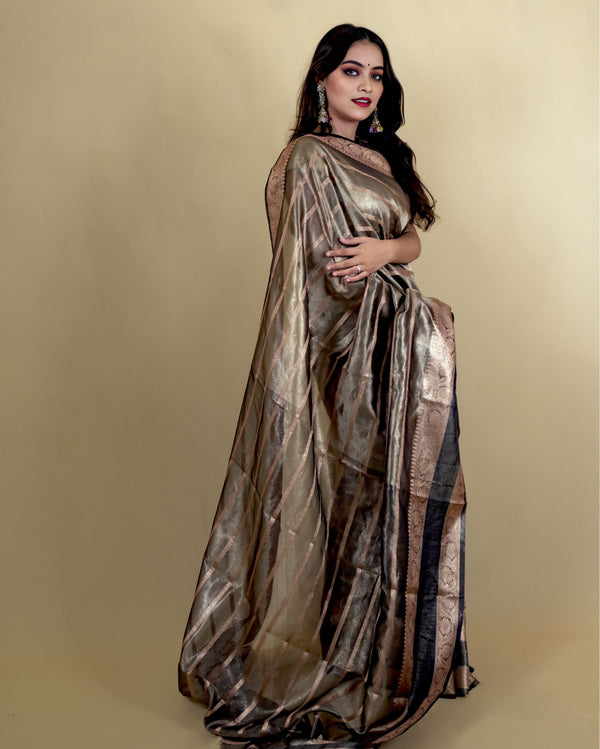 Indiehaat | Zari Banarasi Tissue Semi Silk Saree Black