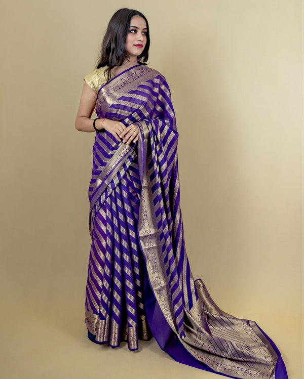 Indiehaat | Zari Banarasi Tissue Semi Silk Saree Violet