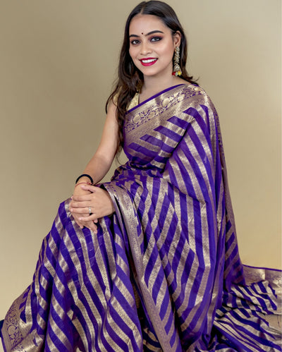 Indiehaat | Zari Banarasi Tissue Semi Silk Saree Violet
