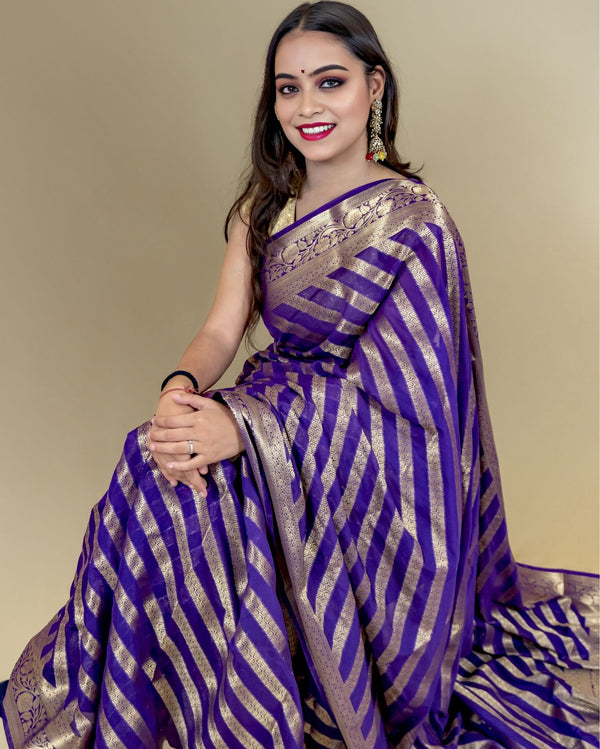Indiehaat | Zari Banarasi Tissue Semi Silk Saree Violet