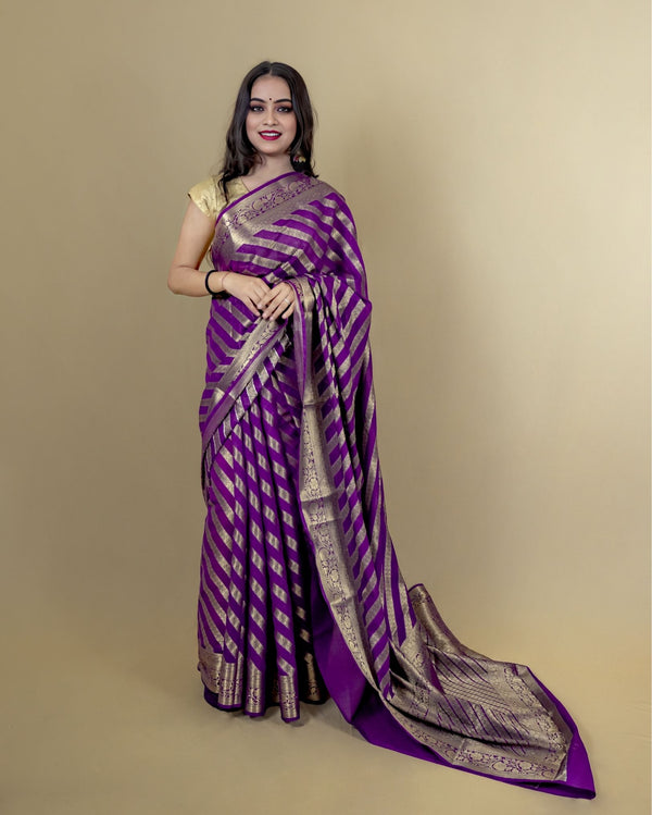 Indiehaat | Zari Banarasi Tissue Semi Silk Saree Purple
