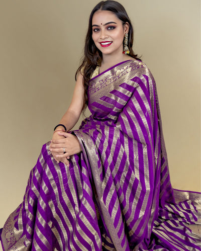 Indiehaat | Zari Banarasi Tissue Semi Silk Saree Purple