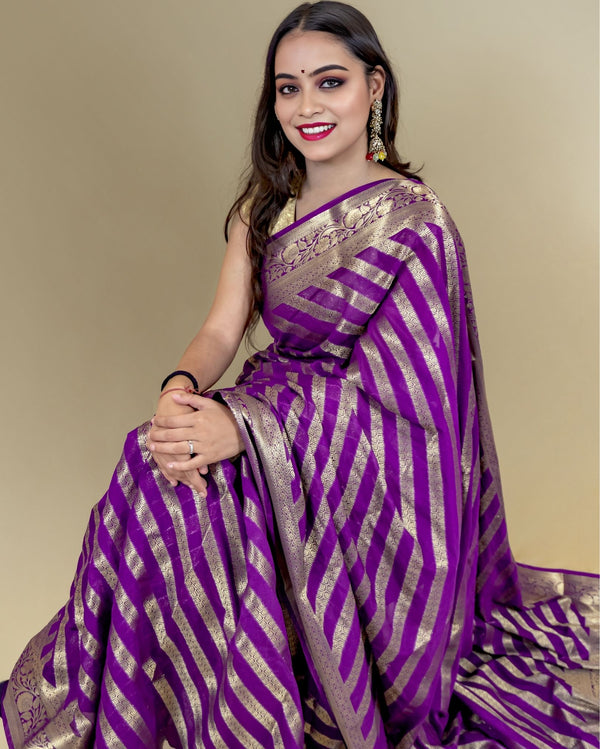 Indiehaat | Zari Banarasi Tissue Semi Silk Saree Purple