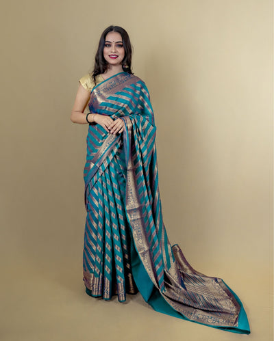 Indiehaat | Zari Banarasi Tissue Semi Silk Saree Blue