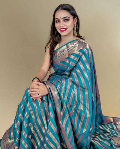 Indiehaat | Zari Banarasi Tissue Semi Silk Saree Blue