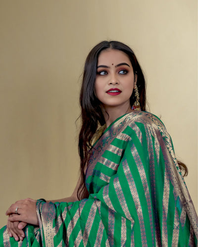 Indiehaat | Zari Banarasi Tissue Semi Silk Saree Green