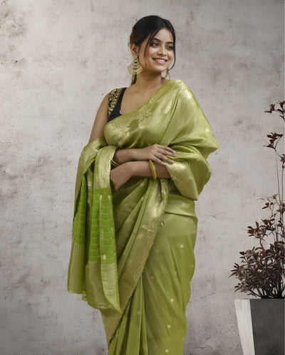 Indiehaat | Zari Banarasi Tissue Semi Silk Saree Green