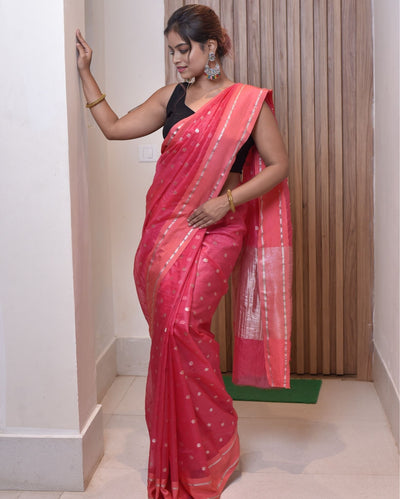 Indiehaat | Zari Banarasi Tissue Semi Silk Saree Pink
