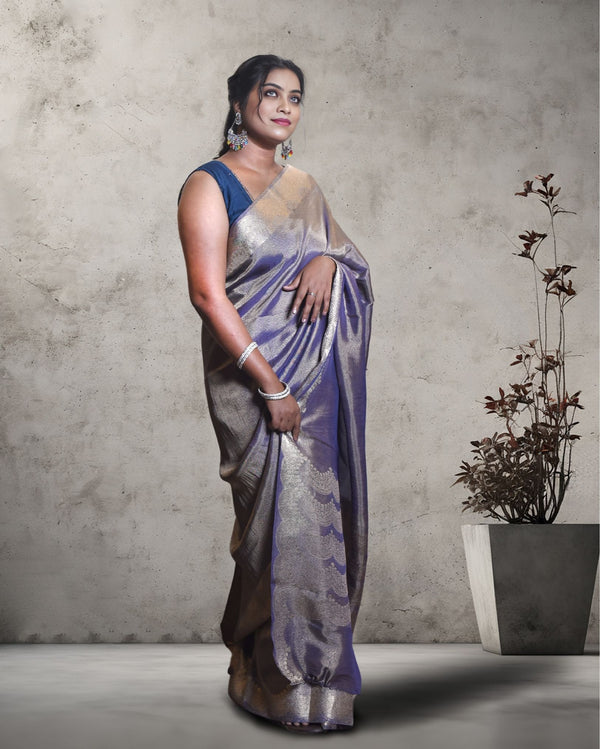 Indiehaat | Zari Banarasi Tissue Semi Silk Saree Purple